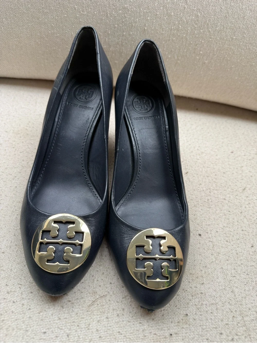 Tory Burch Black Leather Flats with Gold Logo Medallions